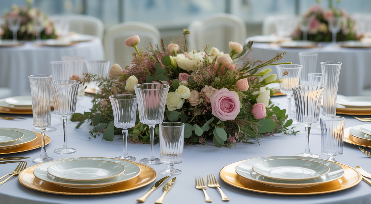 Elegant wedding table setting with flowers and fine dining