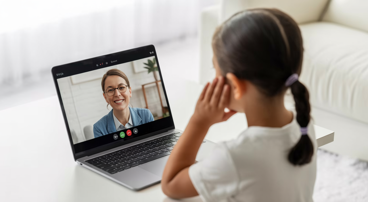 Child in telehealth therapy session with therapist