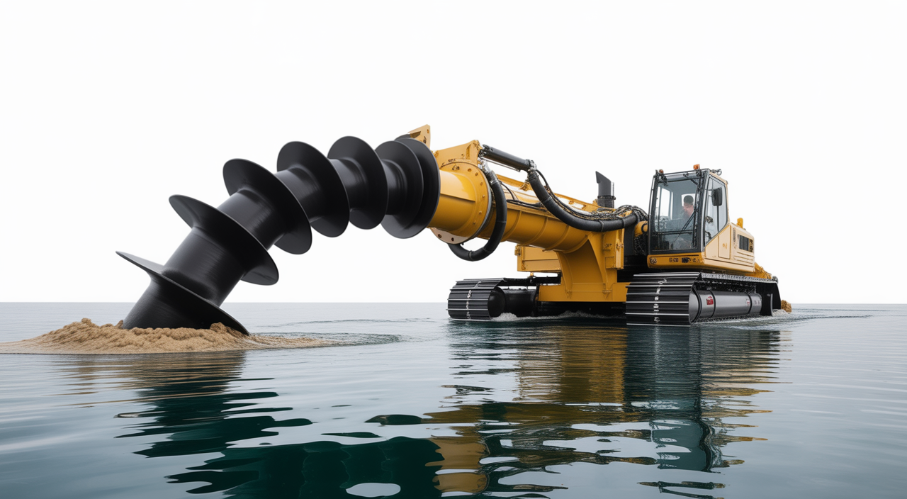 An advanced auger dredge efficiently and precisely removing sediment from a clear water environment.
