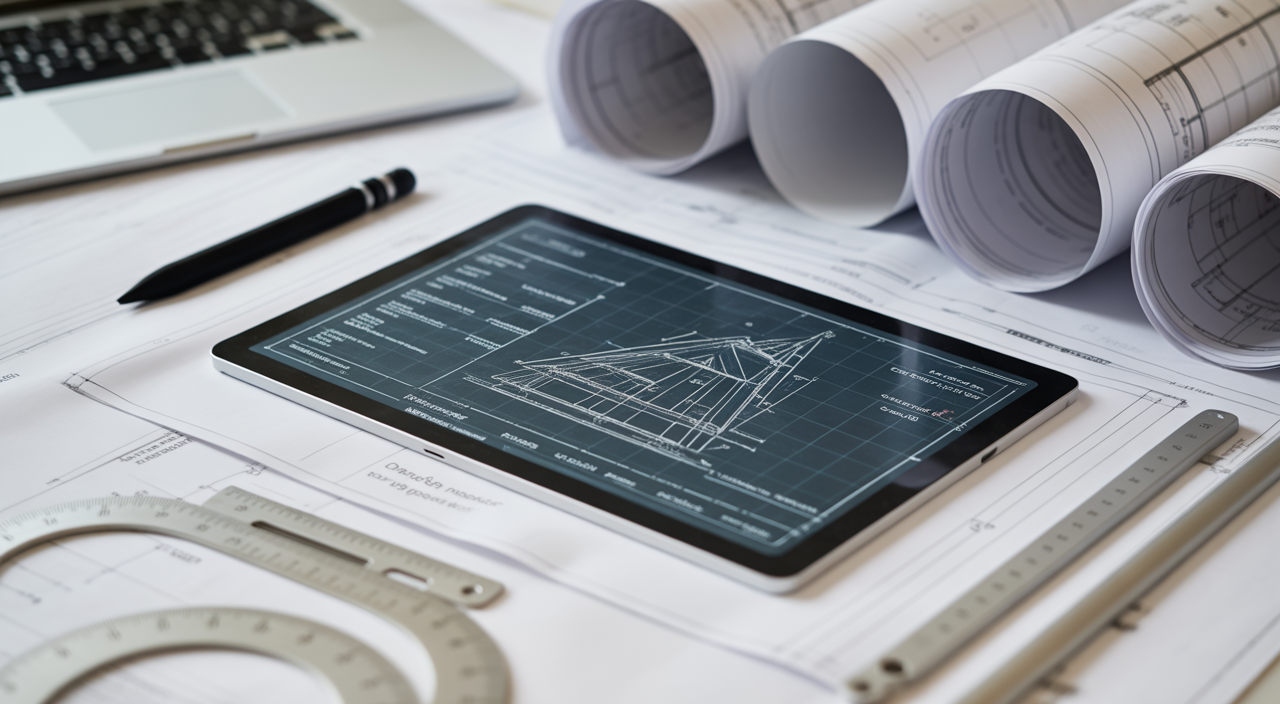 Architectural specification management, blueprints, digital tablet, construction documents, project planning
