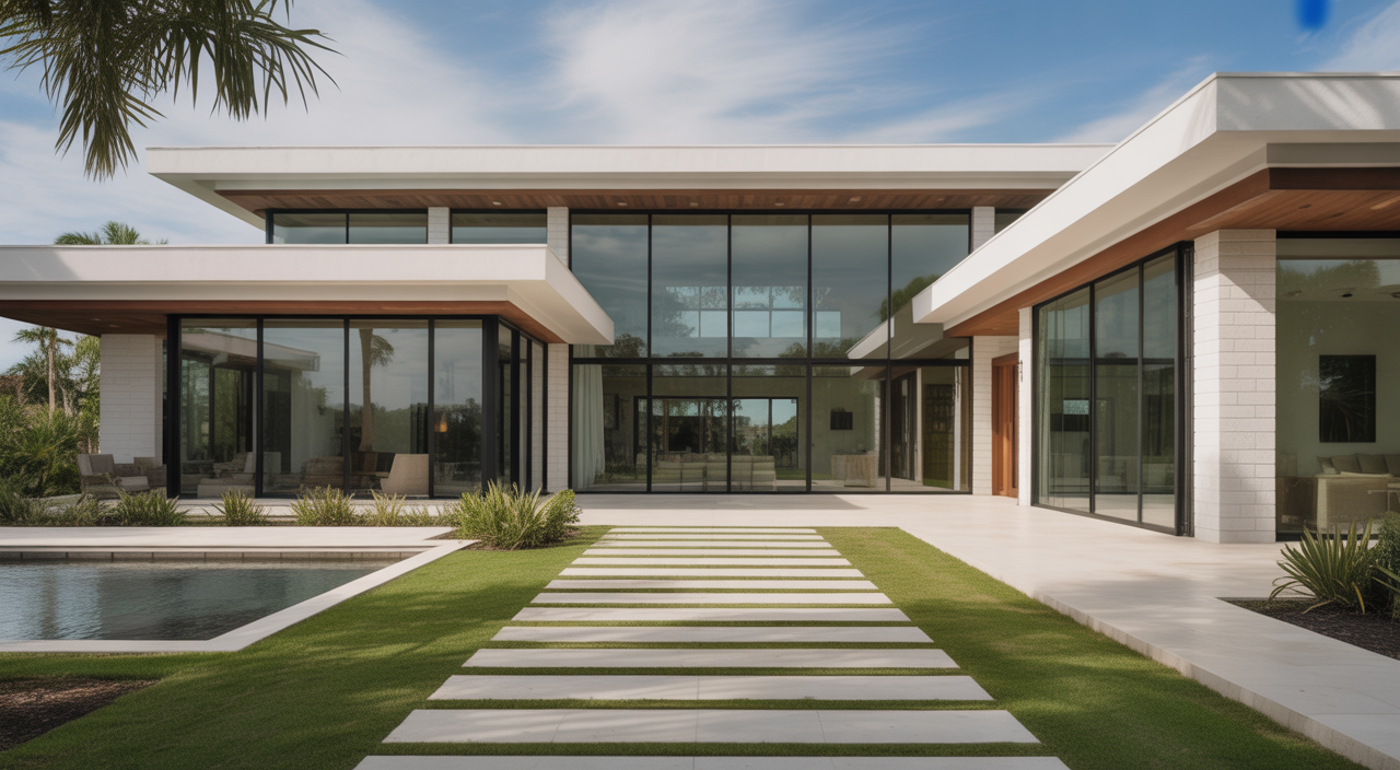 Modern Florida home exterior with sleek design and large windows, surrounded by native landscaping and a pool.