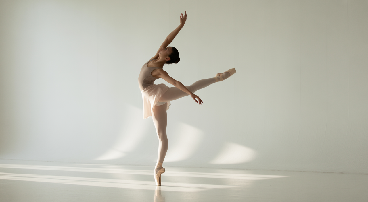 Professional ballet dancer in an arabesque pose, symbolizing elegance and strength in ballet classes.