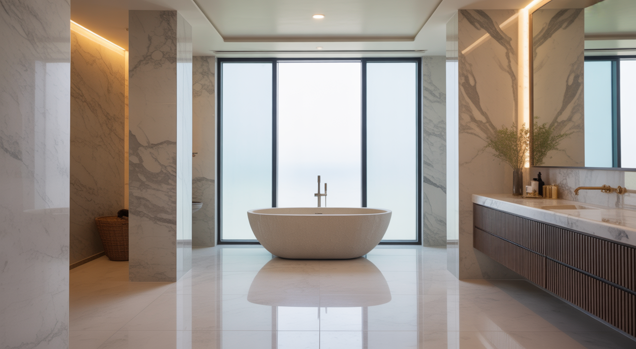 Luxury bathroom renovation in a modern Mosman home, featuring a freestanding tub and high-end marble finishes.