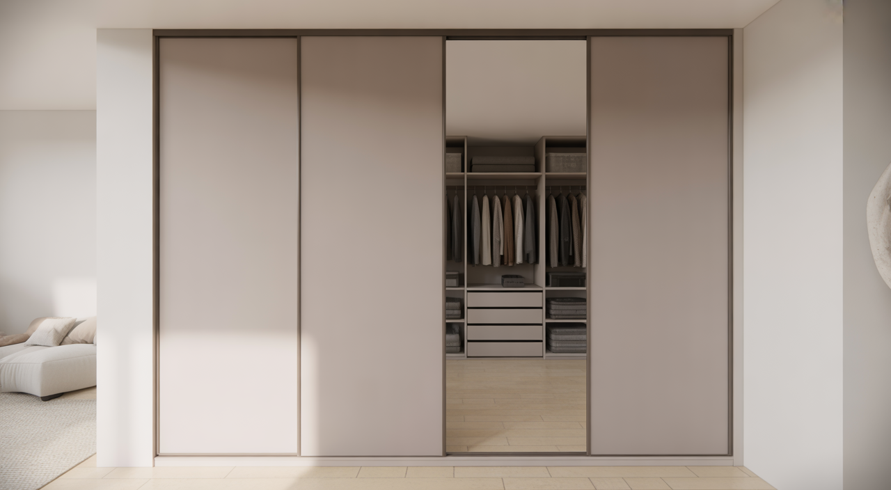 Modern fitted dressing room with custom wardrobes and organised storage solutions designed for a UK home