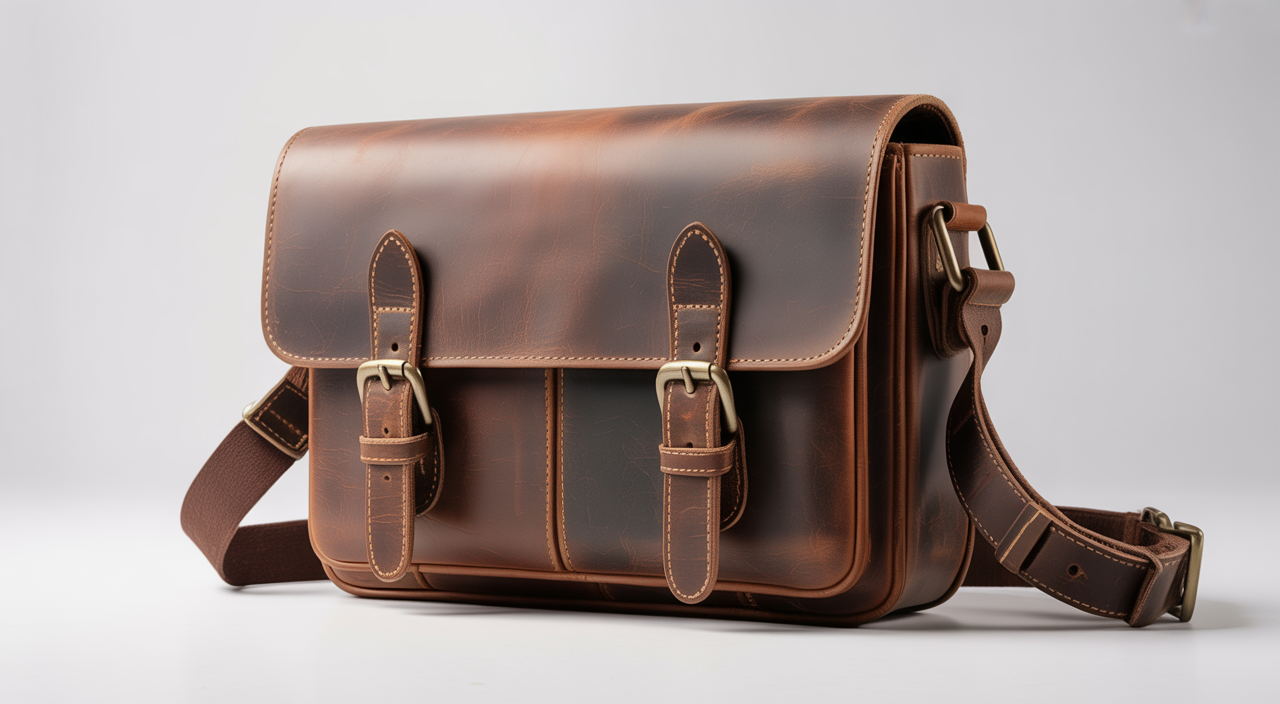 High-quality photograph of a vintage-style brown leather messenger bag with distressed texture and classic buckle, on a white background