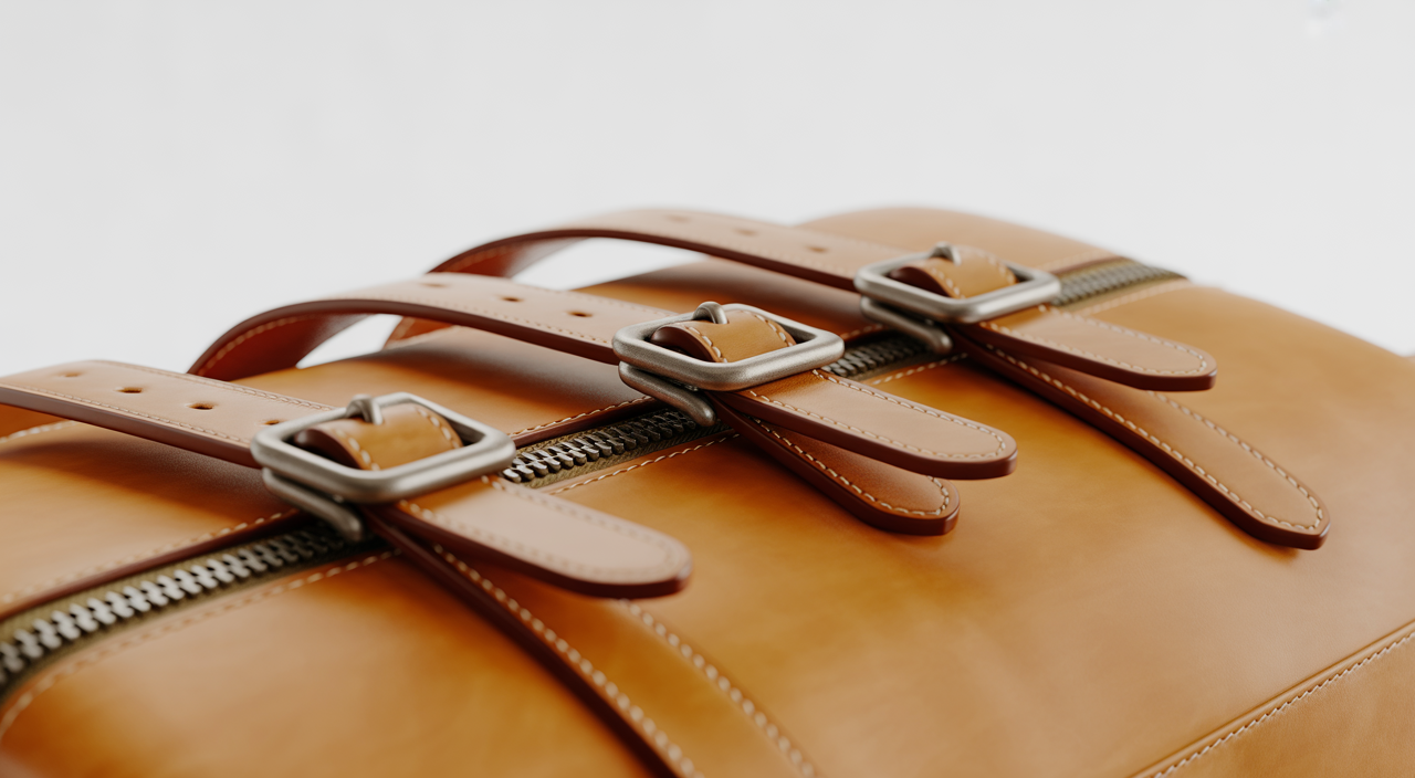 vintage leather messenger bag resting on a wooden table next to a laptop and notebook