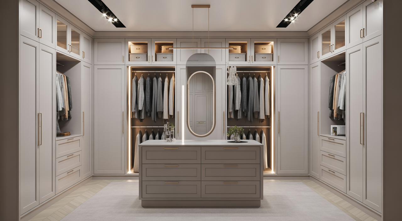 Luxurious bespoke fitted dressing room with built-in wardrobes, central island, and elegant lighting on a clean white background